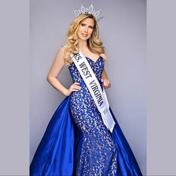 Show Stopping Jovani Royal Blue Lace Silk overskirt pageant Gown Long Prom Dress - Picture 3 of 6